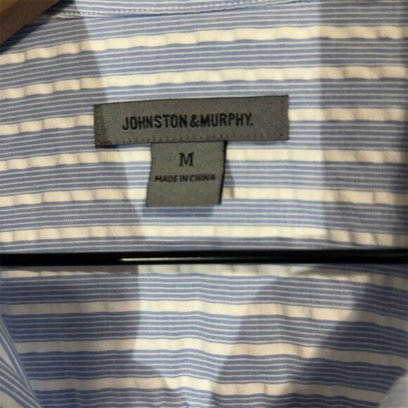 Johnston & Murphy Men’s Shirt Medium Blue White Stripe Cotton Button Down Preppy - Picture 7 of 8